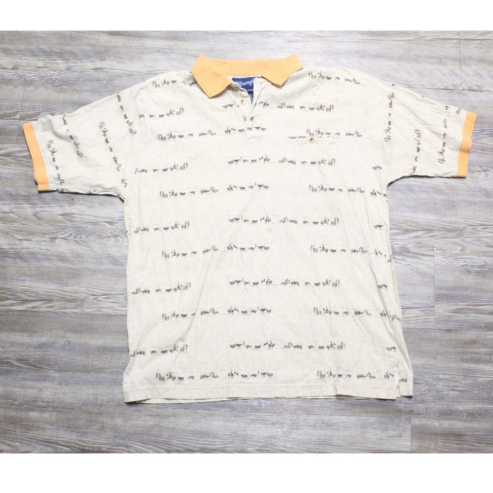 Wrangler Western Polo Shirt Mens Large Beige Orange Cowboy Cattle Print